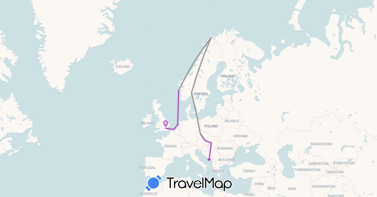 TravelMap itinerary: driving, plane, train in Austria, Belgium, Czech Republic, United Kingdom, Croatia, Hungary, Netherlands, Norway (Europe)